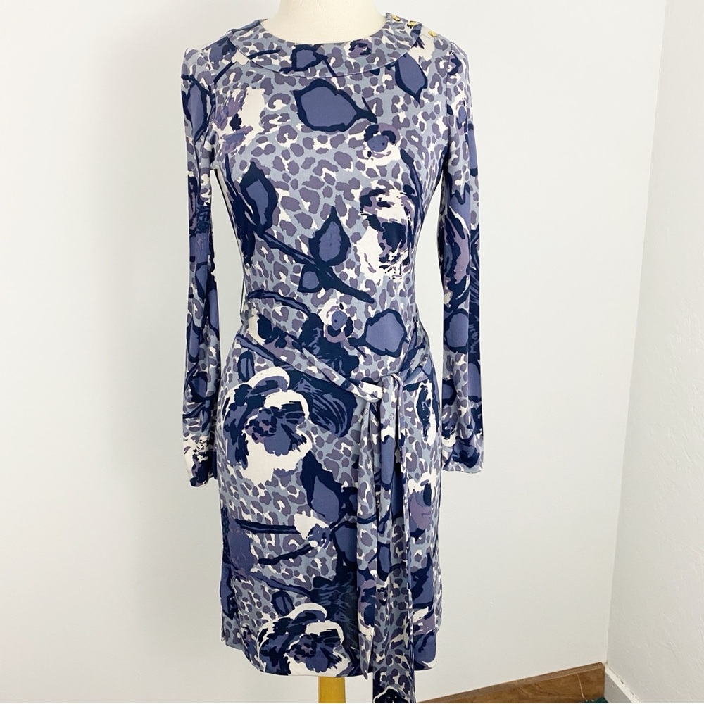 Tory Burch XS Blue Floral Silk Jersey Long Sleeve Knee Length Dress with Belt